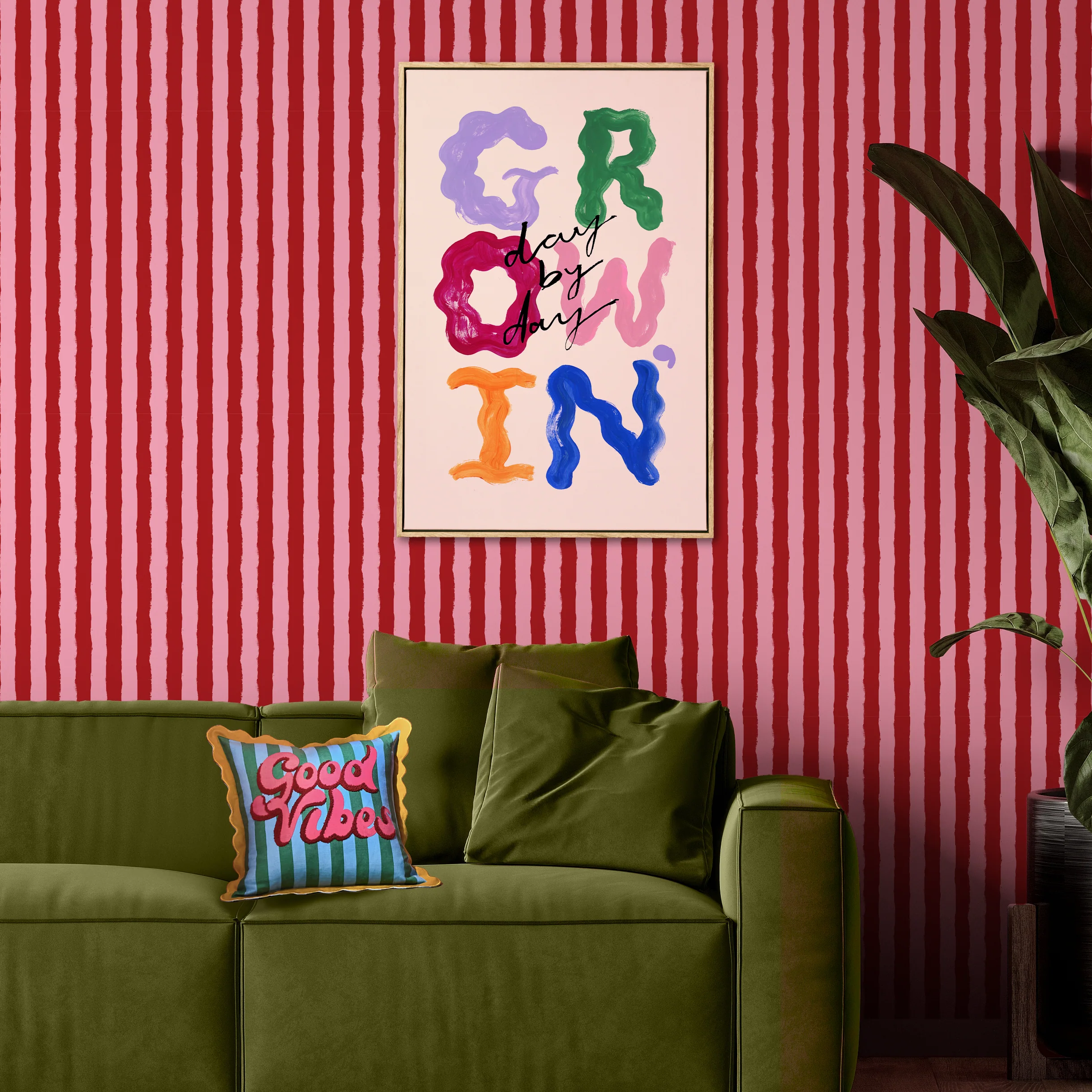 Red & Pink Painted Stripe Wallpaper - Image 3
